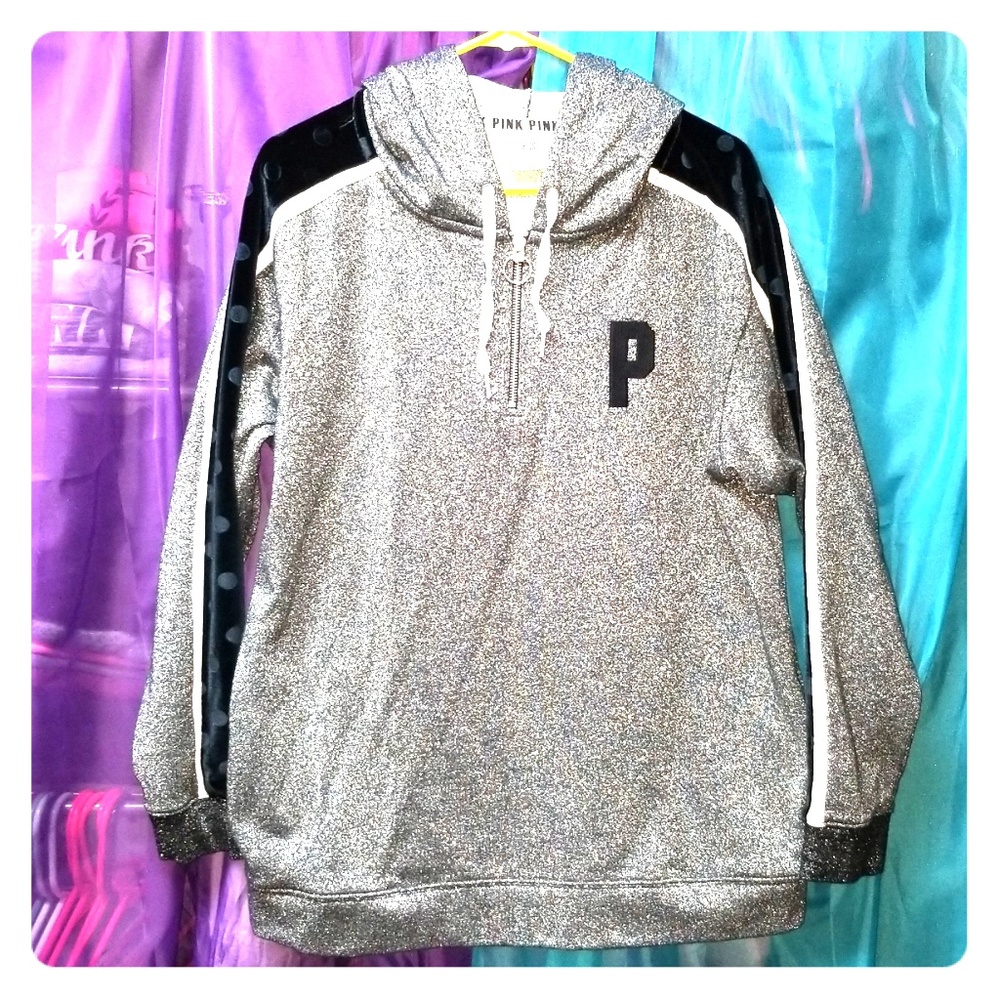 VS PINK Silver Sparkle 1/4 Zip Hoodie W Velour